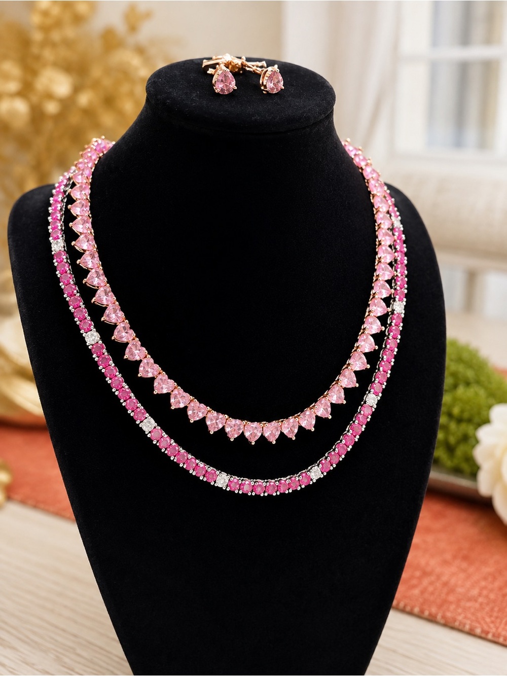 Elegant Pink Crystal Necklace Set - Women Jewelry